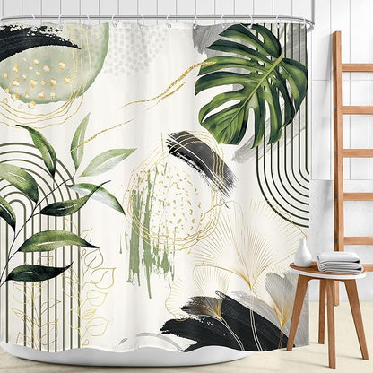 Grey Green Boho Shower Curtain 72Wx72H Abstract Tropical Palm Leaves Modern Bohemian Minimalist Gold Leaf Mid Century Plant Bathroom Decor Botanical Bath Curtain Fabric Polyester 12 Pack Hooks