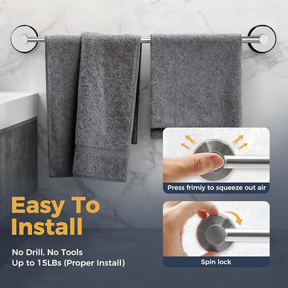 14.6inch~24inch Towel Racks for Bathroom,Adjustable Suction Cup Towel Bar for Bathroom Wall,Stainless Steel Bath Towel Holder for Shower(Brushed Silver)