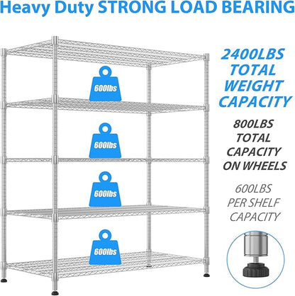 Homdox 5 Tier Heavy Duty Storage Shelves, Wire Shelving Unit with Wheels, Commercial Adjustable Metal Shelves for Storage, Garage Rack Pantry Shelves Kitchen Shelving, 24"x 60"x 82", Chrome