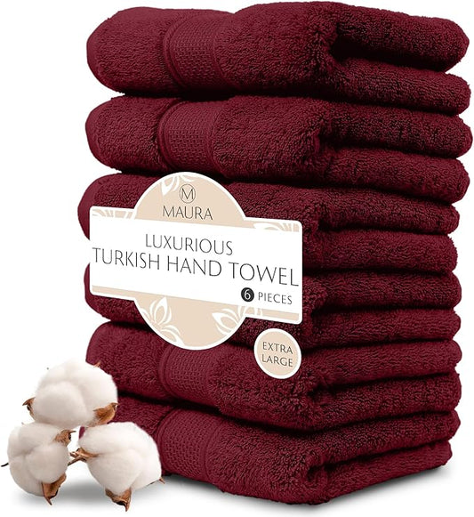 MAURA Wine Red Hand Towels for Bathroom. Luxury Turkish Cotton Bath Hand Towels Set of 6. Ultra-Soft, Thick & Plush - Burgundy