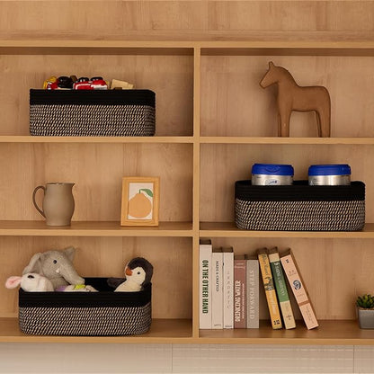 Large Shallow Organizing Baskets 15x11x5.1 Inches - Rope Woven Storage Bins for Bathroom, Shelves, Cube Closet, Black Woven Brown 3 Packs