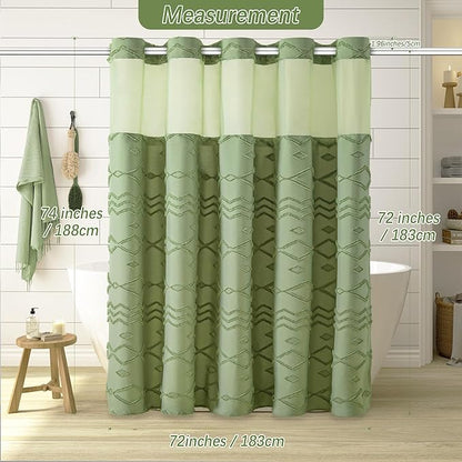 No Hooks Shower Curtain with Snap-in Liner, Sage Green Boho Tufted Chevron Striped Textured Shower Curtains for Bathroom, Water Repellent Luxury Shower Curtain, 72Wx74H