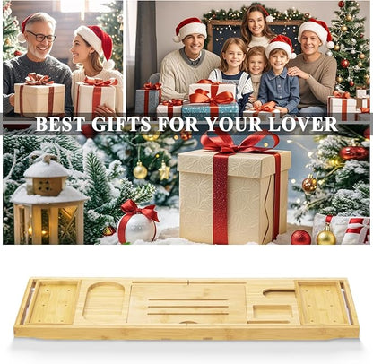 AUTODECO Bathtub Tray, Bamboo Bath Tray for Tub, Expandable Bath Tray with Bamboo Book Stand, Soap Tray, Bathtub & Bathroom Accessories Perfect for Home Spa, Natural Colour