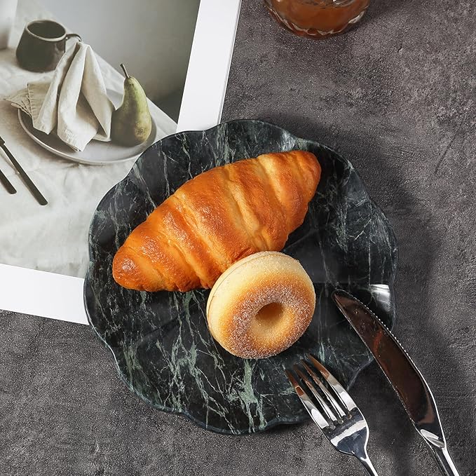 Koville Marble Tray, 8" Round Marble Vanity Tray for Jewelry Trinket Perfume, Natural Stone Tray for Bathroom Kitchen Dresser Countertop, Scalloped Decorative Tray for Home Table Decor(Green)