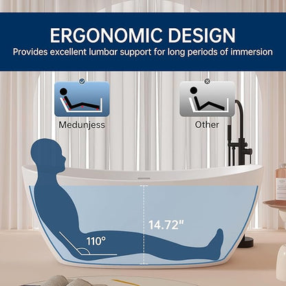 65'' Freestanding Solid Surface Resin Stone Bathtub, Freestanding Tub, Contemporary Design Stand Alone Tub with Pop-up Drain and Overflow, cUPC Certified, Matte White (Oval)…