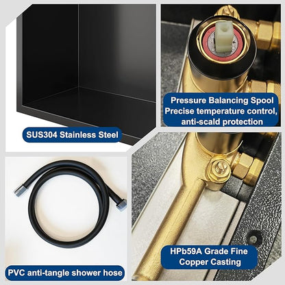 Shower Niche with Round Hand Shower,Sliding Bar and LED Light in Matte Black/Vertical