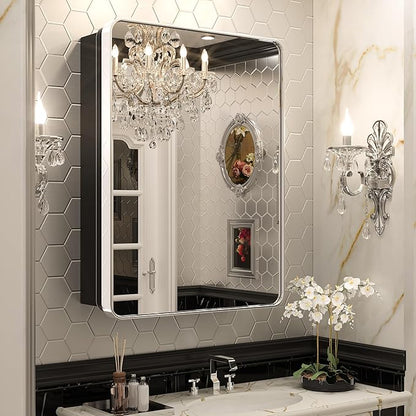 Keonjinn 24 x 32 Inch Chrome Recessed Medicine Cabinets, Bathroom Mirrored Medicine Cabinet, Silver Stainless Steel Framed, Adjustable Shelves, in Wall or Surface Mount, Sturdy & Heavy, Farmhouse