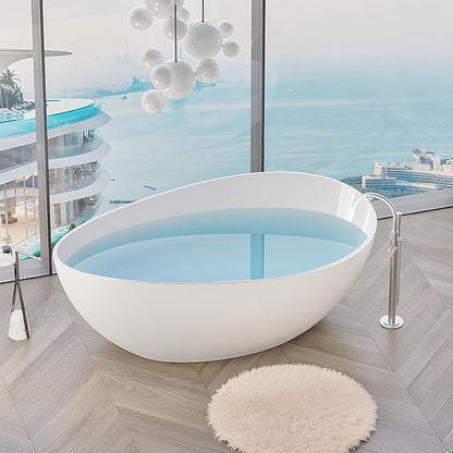 63" Freestanding Solid Surface Bathtub - Engineered Stone Resin Soaking Tub with Overflow & Pop-Up Drain, cUPC Certified Glossy White, 73-Gallon Capacity Deep Soak Tub Wavy for Modern Bathrooms