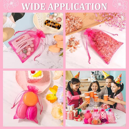 Hopttreely 100pcs Organza Drawstring Gift Bags, 4 x 4.72 inch Mesh, Hot Pink Satin Pouch Wedding Party Favor Bags