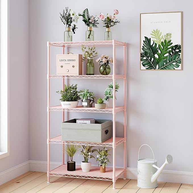 5 Tier Storage Racks Shelving, Heavy Steel Pantry Shelves, Adjustable Wire Shelving Rack, Suitable for Garage, Kitchen, Bathroom, Office, 29" W x 13.4" D x 59" H, Pink
