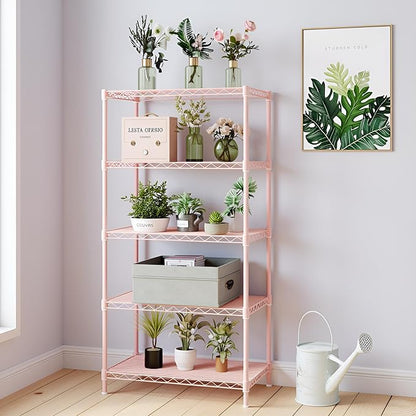 5 Tier Storage Racks Shelving, Heavy Steel Pantry Shelves, Adjustable Wire Shelving Rack, Suitable for Garage, Kitchen, Bathroom, Office, 29" W x 13.4" D x 59" H, Pink