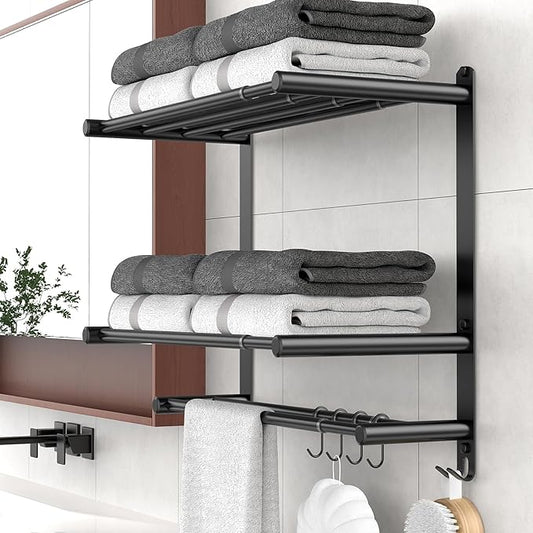 Adjustable 16.9–28" Matte Black Towel Rack for Bathroom SUS304 Stainless Steel 2-Tier Shelf with Extended Bar & 4 Sliding Hooks, Adhesive or Screw Mount, Bathroom/Over-Toilet Organizer