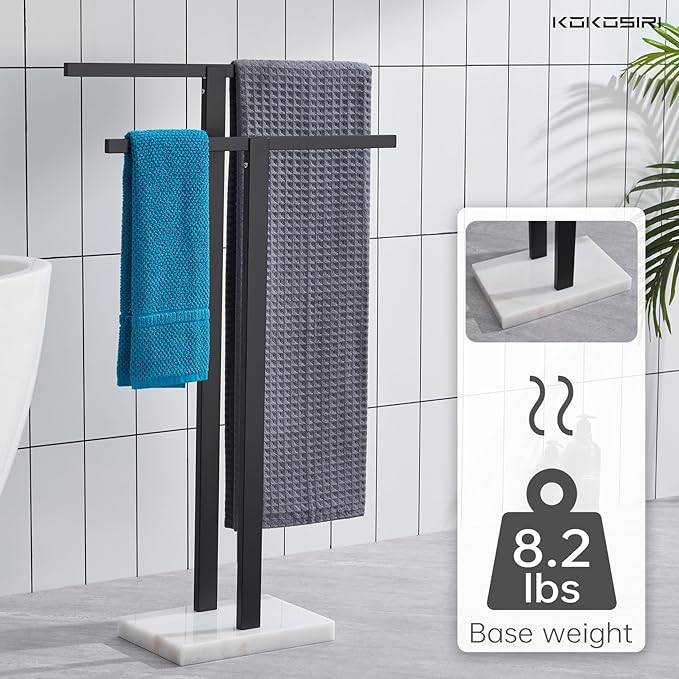KOKOSIRI Bathroom Towel Racks 2-Tier Standing Towel Bars with Marble Base, Stainless Steel Freestanding Towels Holder, Thicken Steady Design, Matte Black THS0003-BK