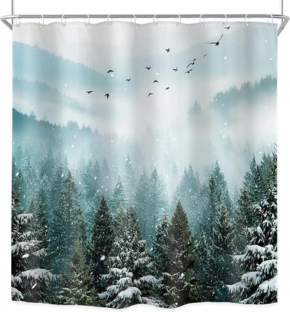 Riyidecor Green Mountain Shower Curtain 72Wx72H Inch Winter Snowy Rustic Sage Scenery Misty Landscape Foggy Christmas Pine Tree Wood View Bathroom Decor Fabric Polyester Waterproof 12 Pack Hooks