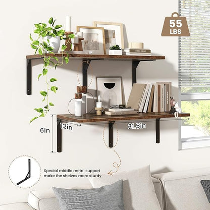 Fun Memories Rustic Brown 12 Inch Deep Floating Shelves Set of 2, Wall Mounted Shelf with Metal Brackets, Rustic Wood Wall Shelf for Bathroom, Kitchen and Living Room, Rustic Brown, 32W x 12D
