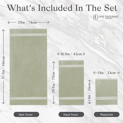 Premium Staple Cotton Bathroom Towel Set - Sage Green 600 GSM 6-Piece Luxury Bath Towel Set 1 Stripe - 2 Bath Towels, 2 Hand Towels & 2 Washclothes Set - High Absorbent & Quick Dry for Gym, Spa, Hotel