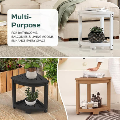 Waterproof Corner Shower Stool for Inside Shower, Poly Lumber Shower Bench Seat Chair, Bath Shower Stool for Shaving Legs Foot Rest with Storage Shelf, Adjustable & Non-Slip Feet, Black