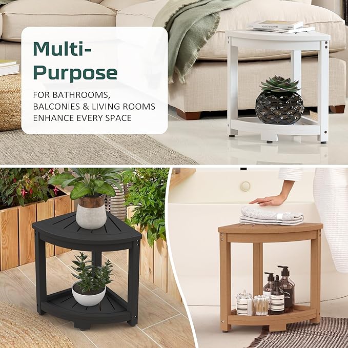 Waterproof Corner Shower Stool for Inside Shower, Poly Lumber Shower Bench Seat Chair, Bath Shower Stool for Shaving Legs Foot Rest with Storage Shelf, Adjustable & Non-Slip Feet, Teak Brown