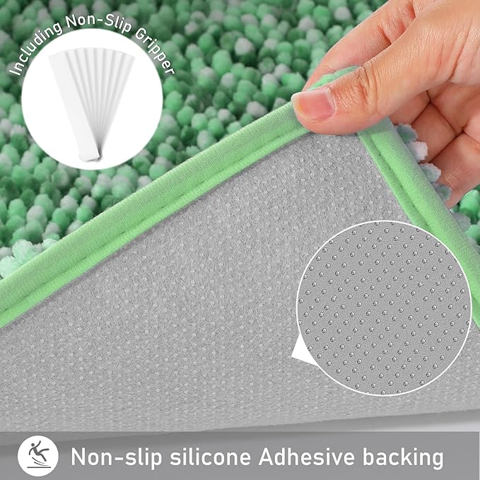 Yimobra Luxury Chenille U-Shaped Toilet Rug, Super Soft Shaggy Contour Bath Mat for Bathroom Floor, Fluffy, Water Absorbent, Non Slip, Machine Washable, Dry Quickly, 24''x 20'', Light Green & Green