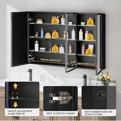 48x30 Black Medicine Cabinet with Mirror, Surface or Recessed Pre-Assembled Medicine Cabinet Mirror for Bathroom, Aluminum Beveled Frame Bathroom Vanity Mirror with Adjustable Shelves Storage