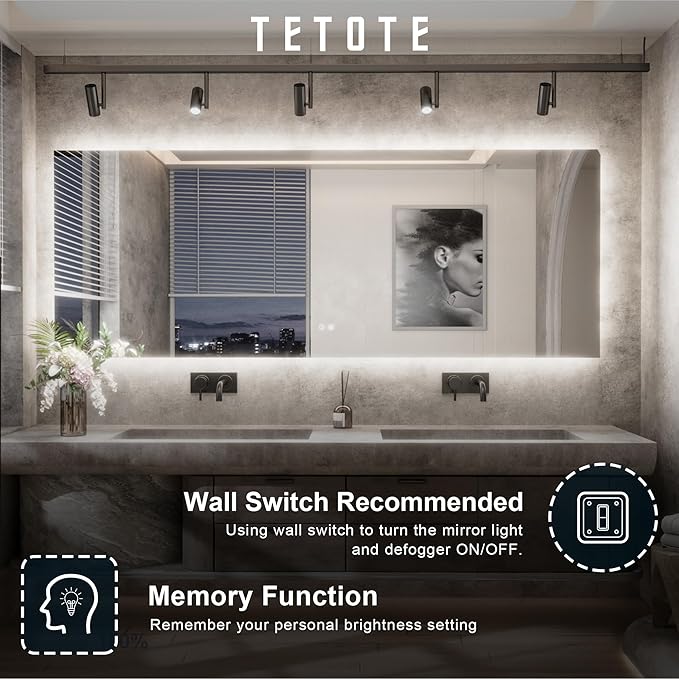 TETOTE 55 x 30 Inch LED Mirror Backlit Bathroom,Anti-Fog Mirror with Light,Dimmable,CRI90+,IP54 Water Proof,Wall Mounted Vanity Lighted,Horizontal/Vertical