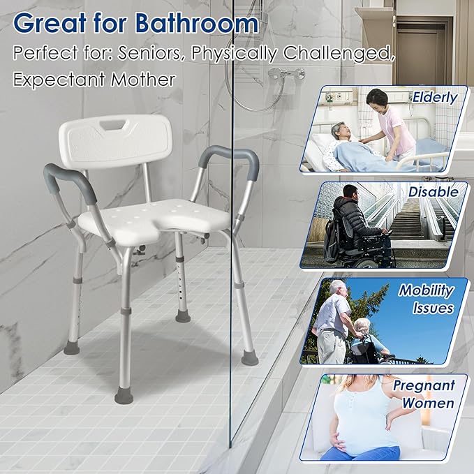 TooCust Extra Wide M-Shaped & Padded Armrests Shower Chair, 500lbs Capacity, Bariatric, Blue, Aluminum, Bath & Shower Safety Seating
