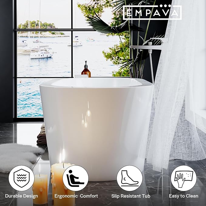 Empava Bathtub, 59" Soaking Tub, Acrylic Free Standing Tub with Center Drain and Overflow,Contemporary Design Bathtubs for Bathroom, cUPC Certified, Glossy White (Pack of 1)