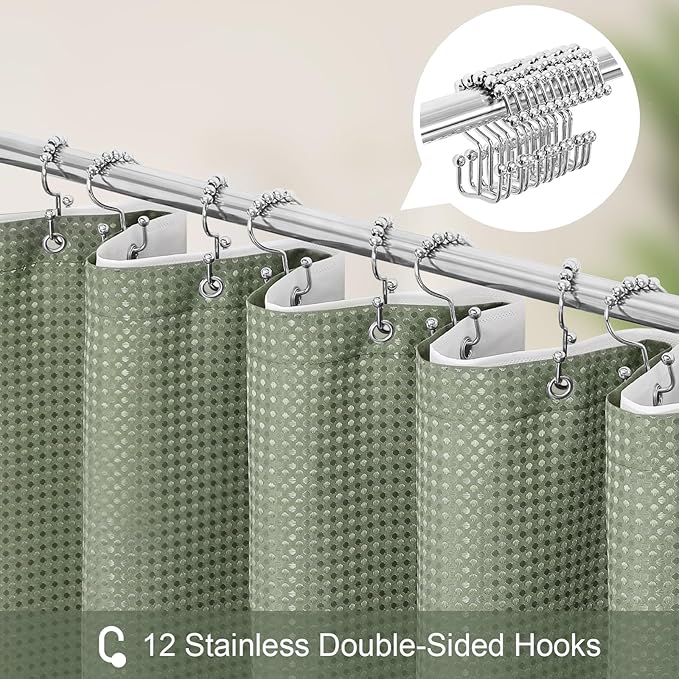 3 in 1 Extra Long Shower Curtain Set-72 W x 84 H, Sage Green Waffle and PEVA Liner Set with 12 Stainless Steel Hooks, Waterproof Fabric for Bathroom