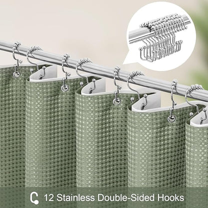 3 in 1 Stall Half Size Shower Curtain Set-36 W x 72 H, Sage Green Waffle Waterproof Fabric and PEVA Liner Set with Stainless Steel Hooks