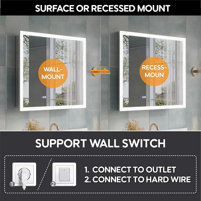 WELLFOR 36 x 32 Inch LED Medicine Cabinet with Lights, 3X Magnification Makeup Mirror, Bathroom Vanity Mirror Cabinet with Storage, Anti Fog, Surface or Recess Mount, Double Opening Door