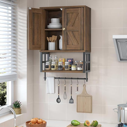 Farmhouse Medicine Cabinet - 3-Tier Wall Mounted Storage Organizer with Adjustable Shelves, Towel Bar, 5 Hooksfor Small Bathroom, Laundry Room, Over Toilet, Living Room, Bedroom (Walnut)