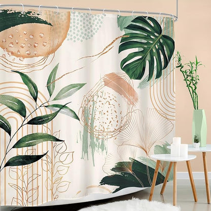 Boho Shower Curtain 72Wx72H Modern Bohemian Abstract Tropical Green Leaves Plant Palm Mid Century Botanical Minimalist Bathroom Decor Geometric Arch Bath Curtain Fabric Polyester 12 Pack Hook