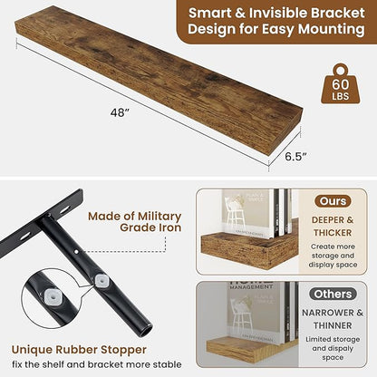 fuqing Floating Shelves for Wall, Wall Mounted Wood Floating Shelf with Invisible Brackets for Living Room, Bathroom, Bedroom, Kitchen Storage and Decor, 48 Inch Set of 2, Rustic Brown