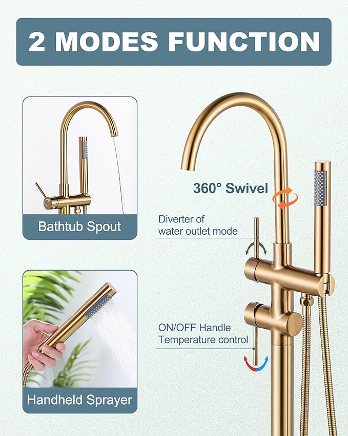 Freestanding Bathtub Faucet Brushed Gold, Floor Mount Tub Filler, High Flow Brass Shower Faucets with Handheld Sprayer for Bathroom