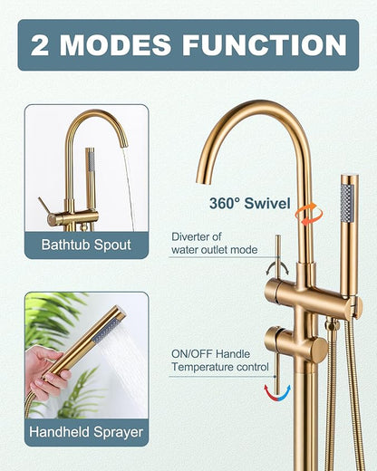 Freestanding Bathtub Faucet Brushed Gold, Floor Mount Tub Filler, High Flow Brass Shower Faucets with Handheld Sprayer for Bathroom