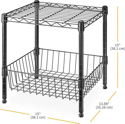 Whitmor 2 Tier Metal Storage Shelves, Heavy Duty Shelf with Basket, 350 lbs Capacity per Shelf, 700 lbs Total, Home Organizer for Kitchen, Garage, Bathroom, 15" L x 14" W x 15" H, Black