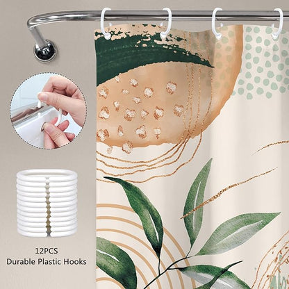 Boho Shower Curtain 60Wx72H Bohemian Modern Mid Century Abstract Sage Green Tropical Palm Leaves Plant Bathroom Decor Minimalist Geometric Neutral Bath Curtain Fabric Polyester 12 Pack Hooks