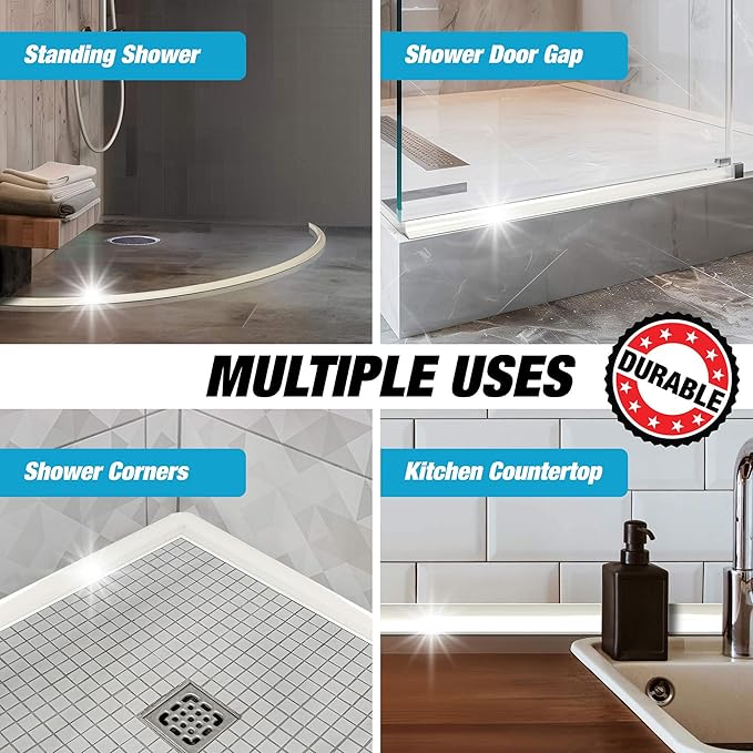 Shower Threshold Water Dam Barrier 85" - White Collapsible Shower Water Blocker - Guard for Walk in Shower - Water Guard Stopper for Floor - Shower Door Water Blocker by Hippo Dam