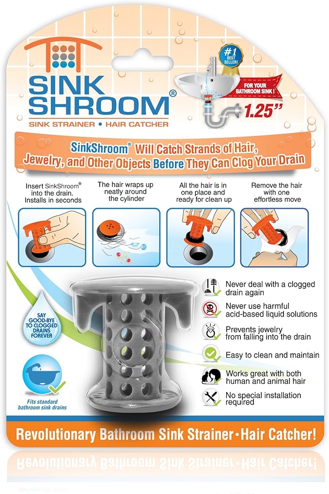 SinkShroom The Revolutionary Sink Drain Protector Hair Catcher/Strainer/Snare, Gray