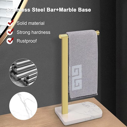 NearMoon Hand Towel Holder with Balanced Marble Base, 304 Stainless Steel Stand Towel Ring L Shape Hand Towel Rack Free-Standing Towel Bar for Bathroom Kitchen Countertop (Single Rod, Brushed Gold)