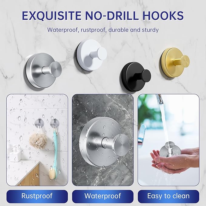 luckin smile Suction Cup Hooks for Shower, No-Drill Removable Towel Hook for Bathrooms, Shower Hooks, Suitable for Bathrooms, Kitchens, Windows, Glass, Powerful Suction Cup Hook (4, Silver)