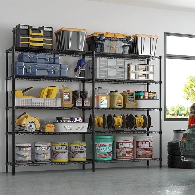 5 Tier Storage Racks Shelving, Heavy Steel Pantry Shelves, Adjustable Wire Shelving Rack, Suitable for Garage, Kitchens, Offices, 69.7" W x 16" D x 71" H, Black