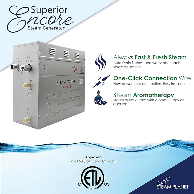 Superior Encore Plus 12kW Steam Shower Generator Kit with Horizontal Black Keypad, Drip Pans & White Lights | Bluetooth Audio|Self-Draining Steam Bath Generator|One-click Connection Cord|