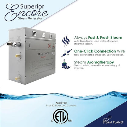 Superior Encore Plus 24kW Steam Shower Generator Kit with Horizontal Black Keypad, Drip Pans & White Lights | Bluetooth Audio|Self-Draining Steam Bath Generator|One-click Connection Cord|