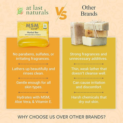 At Last Naturals MSM Soap Bar Body Soap for Men and Women Fine Line Wrinkle Reduction Herbal Moisturizer with Aloe Vera Vitamin E Essential Oils Deep Cleansing for Sensitive Skin 3 Ounce (Pack of 1)