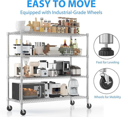 Homdox Heavy Duty Metal Shelves for Storage, 4 Tier Storage Racks and Shelving, Commercial Adjustable Wire Shelving Unit on Wheels, Garage Rack Pantry Shelves Kitchen Shelving, 18"x48"x72", Chrome