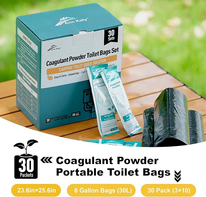 Super Absorbent Polymer 30 Packs,Portable & Fast-Absorbing Camp Toilet Chemicals Gel with 5 Gallon Bucket Toilet Luggable Drawstring Bag, Emergency Toilet Bag&Potty Gel