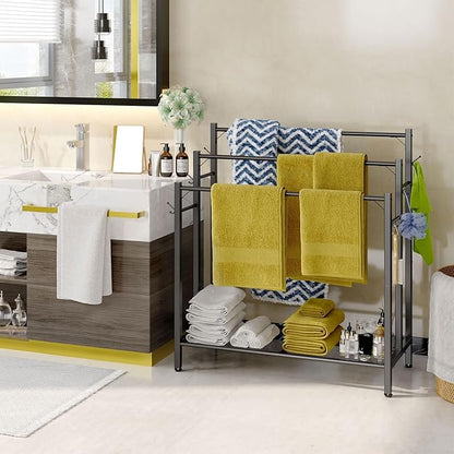 3 Tier Towel Rack with Large Storage & 6 Hooks, Blanket Rack for Oversized Bath Towels, Free Standing Pool Towel Rack Stand for Bathroom Pool Indoor/Outdoor, 35.8" H x 31.5" L x 11.8" W