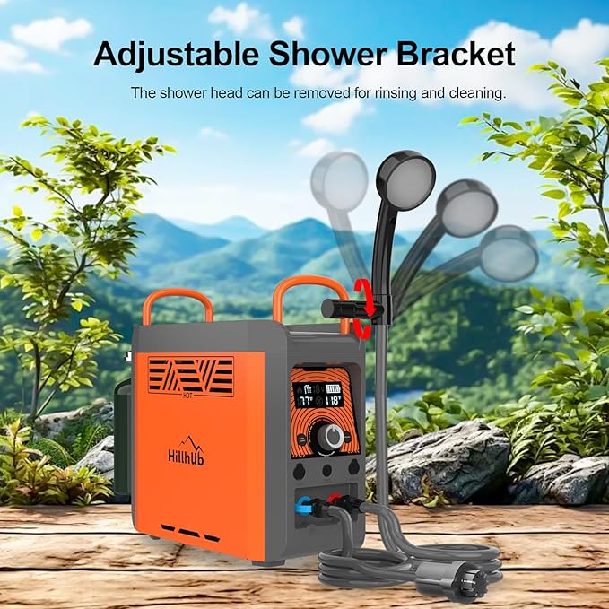 Hillhub Camping Portable Instant Hot Water Heater On Ground, Propane Water Heater with Water Pump & Showerhead, Outdoor Use Only with Overheating Protection, Built-in Battery for Showering & Cleaning
