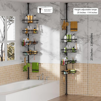 Tension Rod Shower Caddy Corner - Tension Pole Shower Caddy with 2 Towel Bars & Toothbrush Holder, Black Bathtub Organizers and Storage Corner Stainless Steel(Tall 25 to 114.2 Inches)
